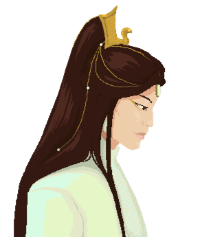 Ilustração em pixel art de um homem de perfil. Ele tem cabelos longos adornados com uma coroa dourada em formato de serpente, e usa um hanfu branco. Fim da descrição.