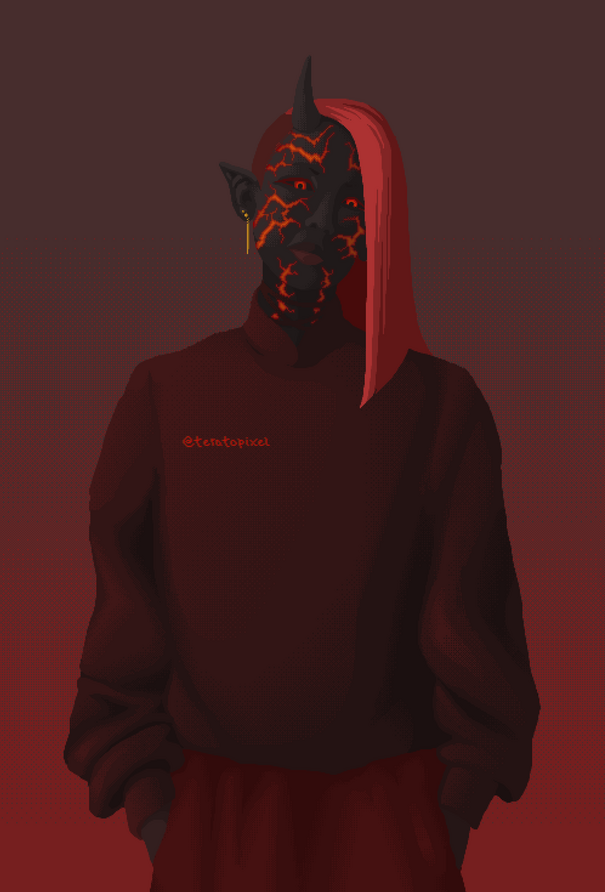 Desenho em pixel art de uma personagem. Ela é um demônio de pele cor de carvão, coberta de marcas vermelhas, parecidas com rachaduras, e um único chifre pequeno no lado direito de sua cabeça. Seu cabelo é vermelho, de tamanho médio, e raspado nas laterais.